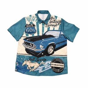 Vintage Mustang Route 60s Button Shirt Men’s Medium Blue Retro Car Graphic